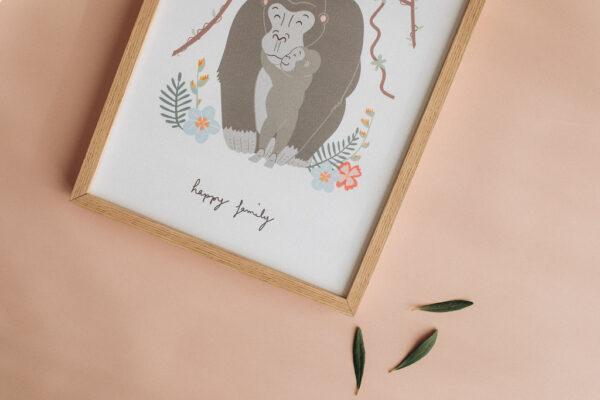 Calista Affiche happy Family déco animaux pour chambre d’enfant gorille